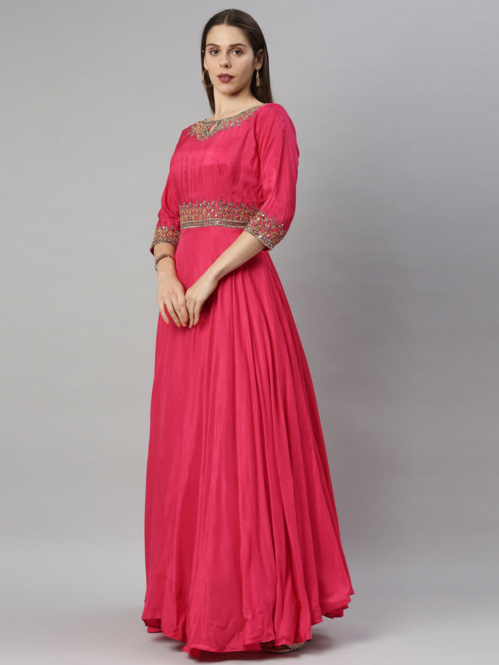 Neerus Pink silk embroidered anarkali suit set - detail view 2