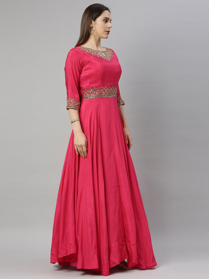 Neerus Pink silk embroidered anarkali suit set - detail view 3