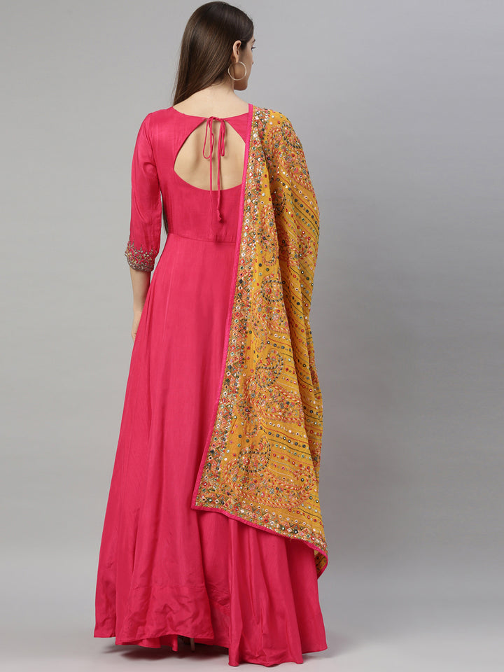 Neerus Pink silk embroidered anarkali suit set - detail view 4