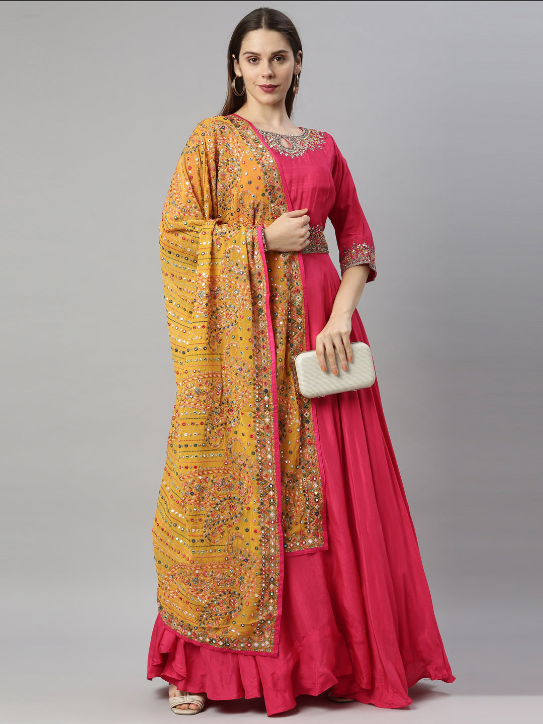 Neerus Pink silk embroidered anarkali suit set - detail view 5