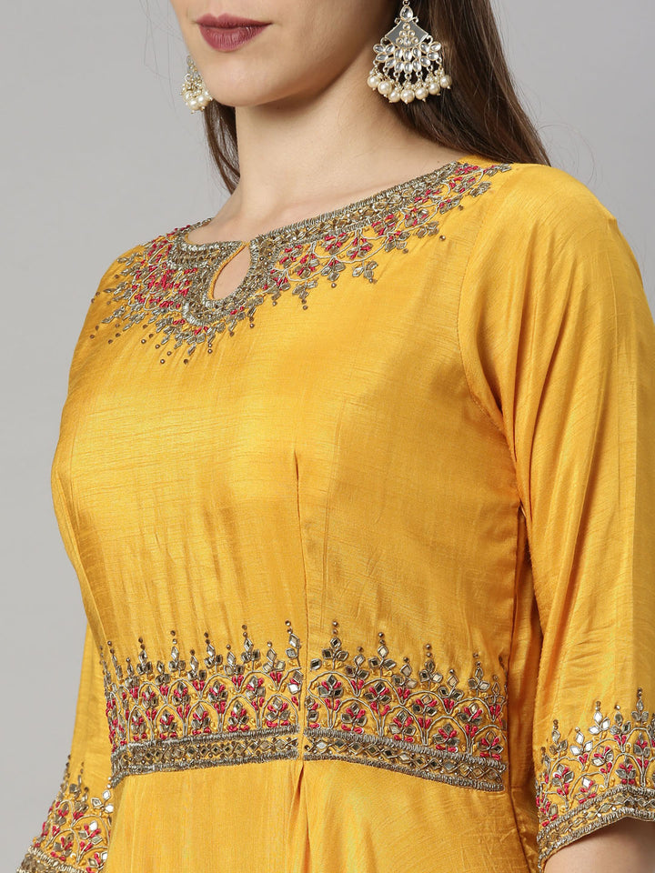Neerus Yellow silk embroidered Anarkali suit set - detail view 1