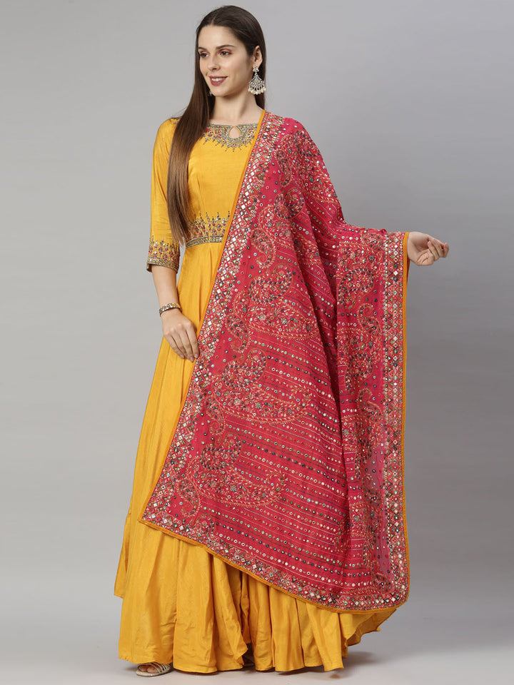 Neerus Yellow silk embroidered Anarkali suit set - detail view 9