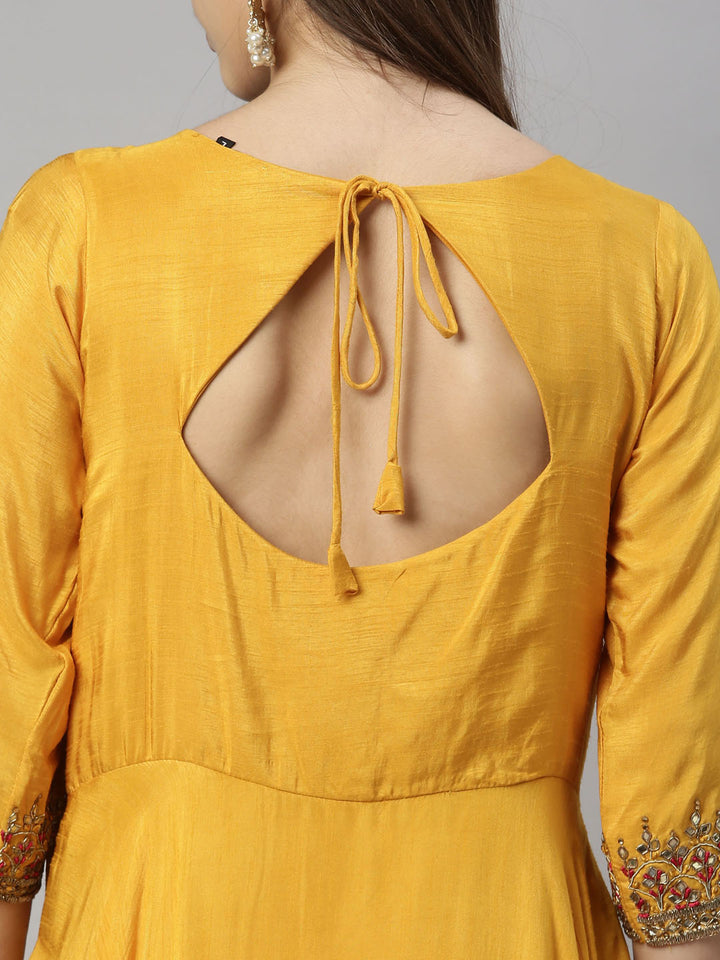 Neerus Yellow silk embroidered Anarkali suit set - detail view 2