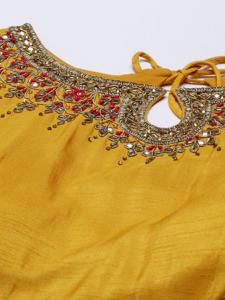 Neerus Yellow silk embroidered Anarkali suit set - detail view 3