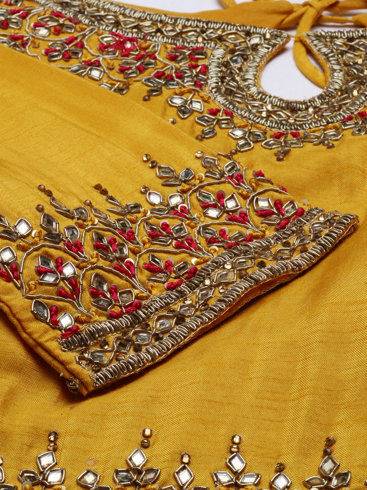Neerus Yellow silk embroidered Anarkali suit set - detail view 4