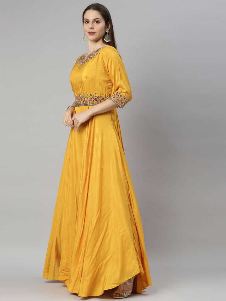 Neerus Yellow silk embroidered Anarkali suit set - side view
