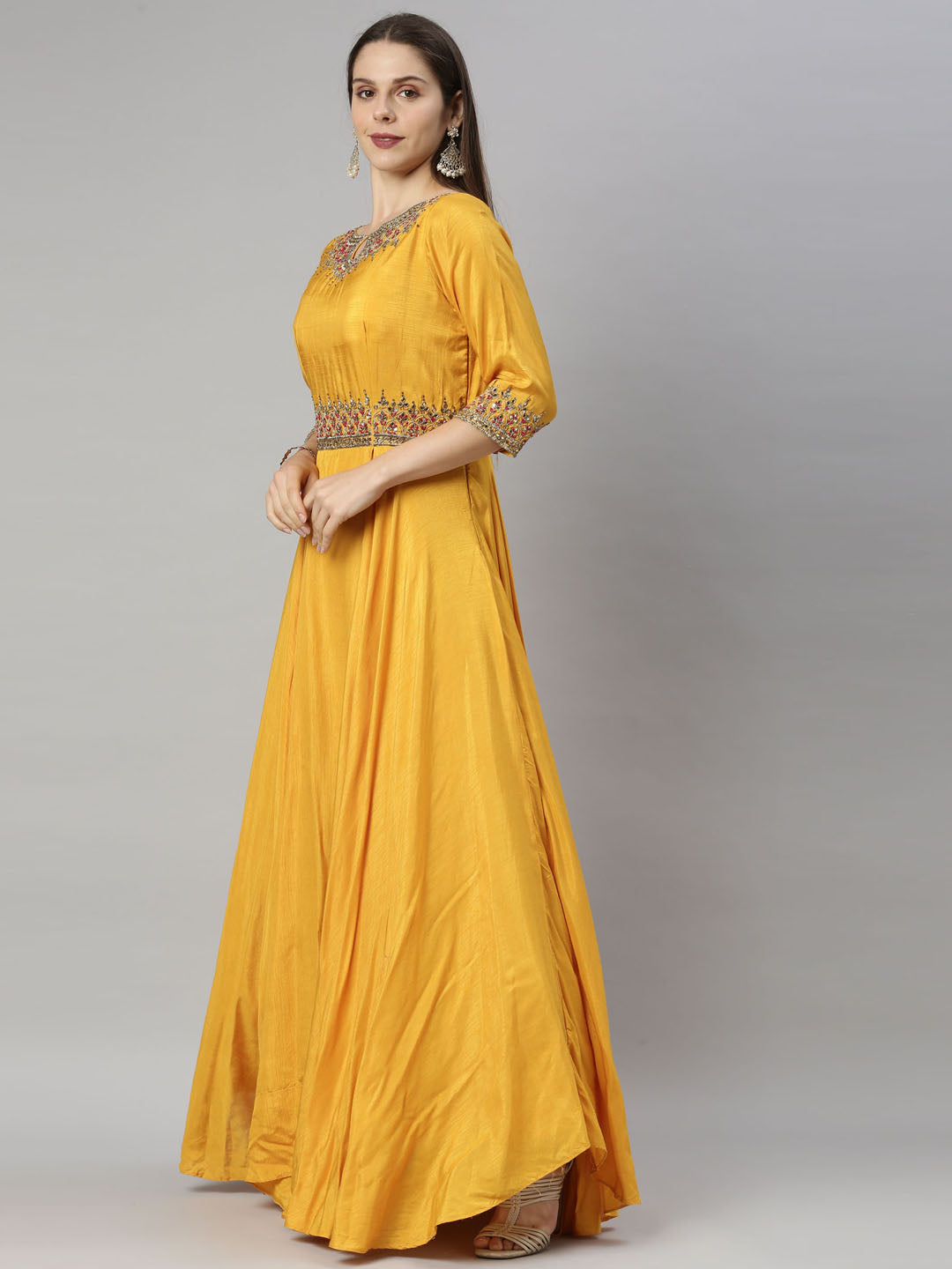 Neeru'S Yellow Color, Silk Fabric Suit-Anarkali