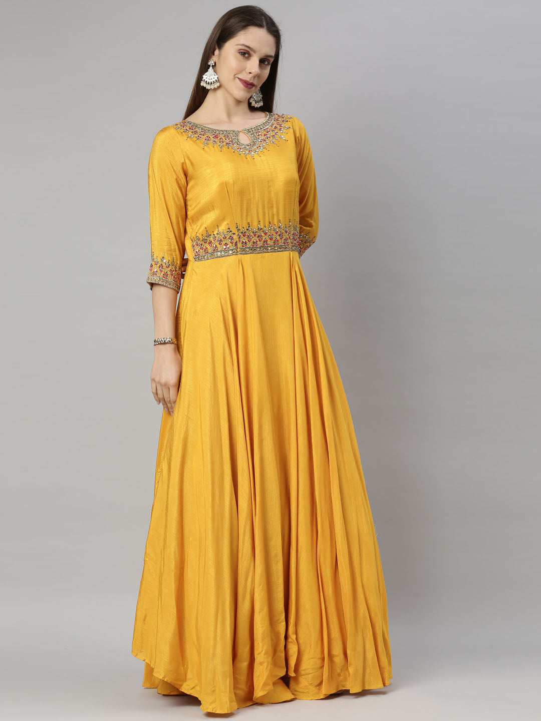 Neeru'S Yellow Color, Silk Fabric Suit-Anarkali