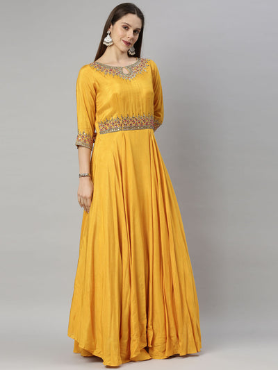 Neeru'S Yellow Color, Silk Fabric Suit-Anarkali