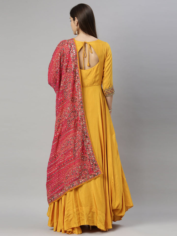 Neerus Yellow silk embroidered Anarkali suit set - detail view 5