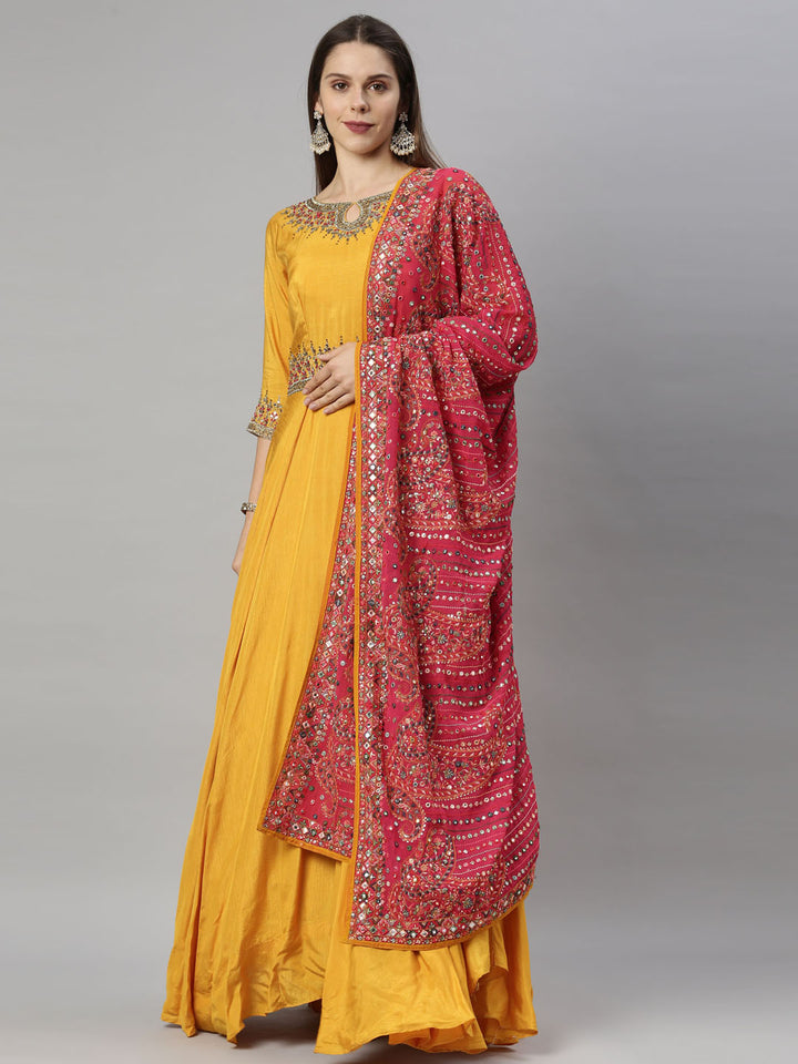 Neerus Yellow silk embroidered Anarkali suit set - front view