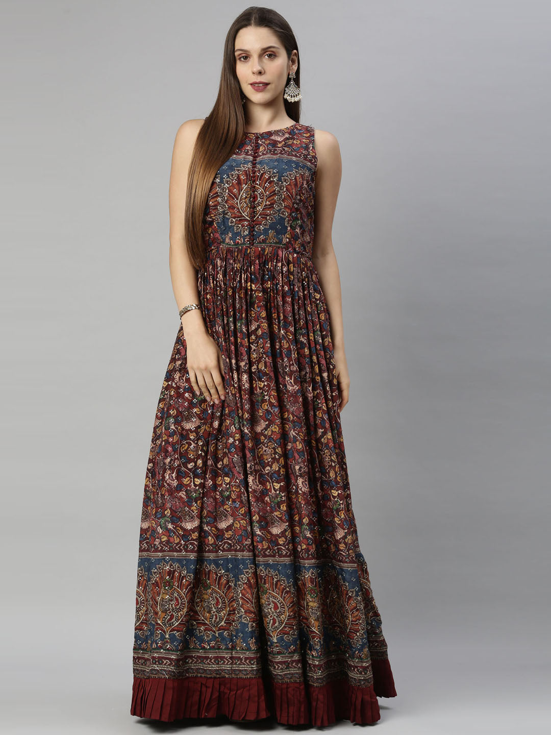 Neerus Maroon silk gown - front view