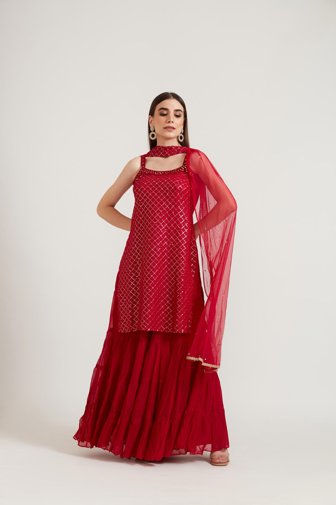 Neerus Pink georgette embroidered suit set - front view