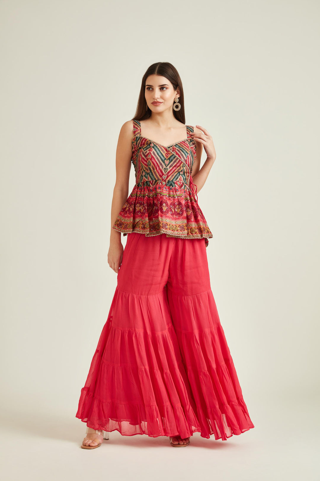 Neerus Pink silk embellished kurta set with sharara and dupatta - detail view 1