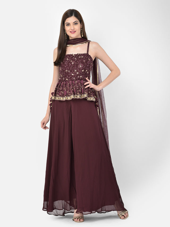 Neerus'S Wine Color Georgette Fabric Suit-Peplum