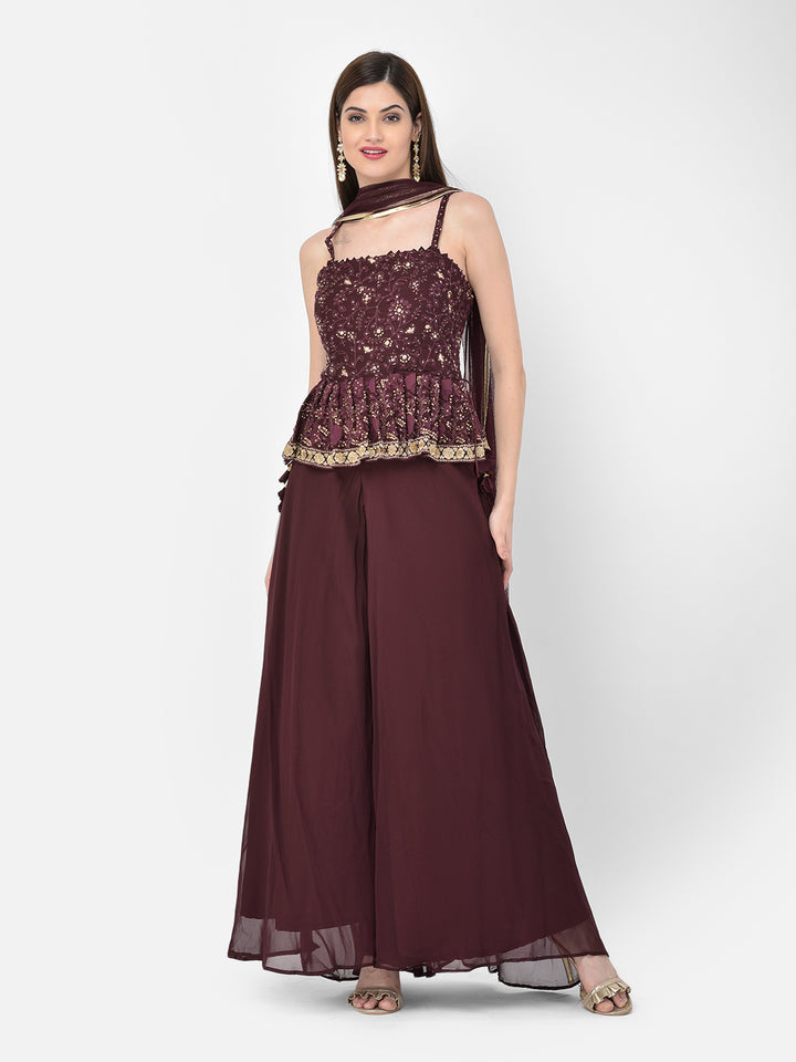 Neerus'S Wine Color Georgette Fabric Suit-Peplum