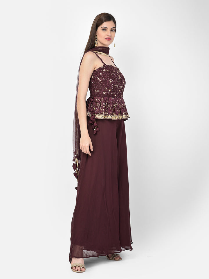 Neerus'S Wine Color Georgette Fabric Suit-Peplum