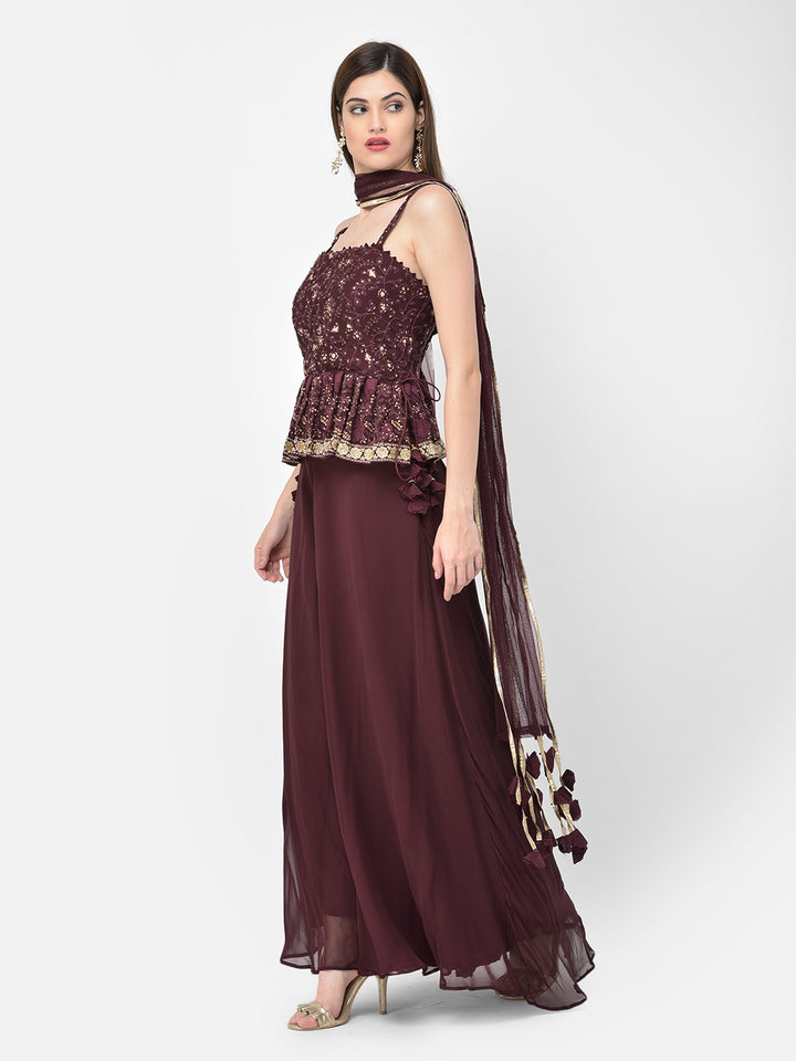 Neerus'S Wine Color Georgette Fabric Suit-Peplum
