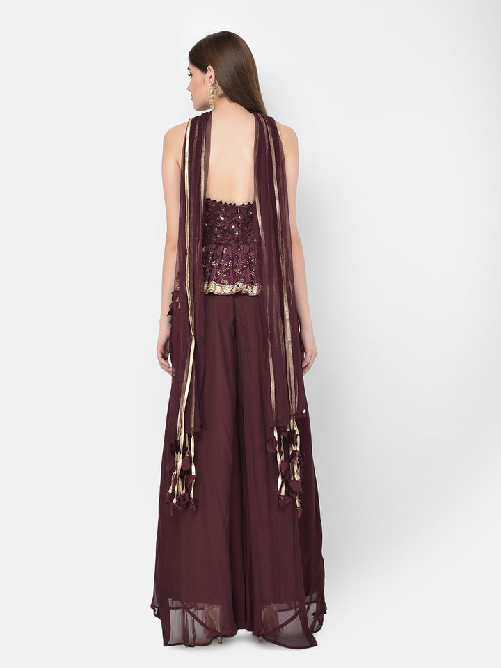Neerus'S Wine Color Georgette Fabric Suit-Peplum