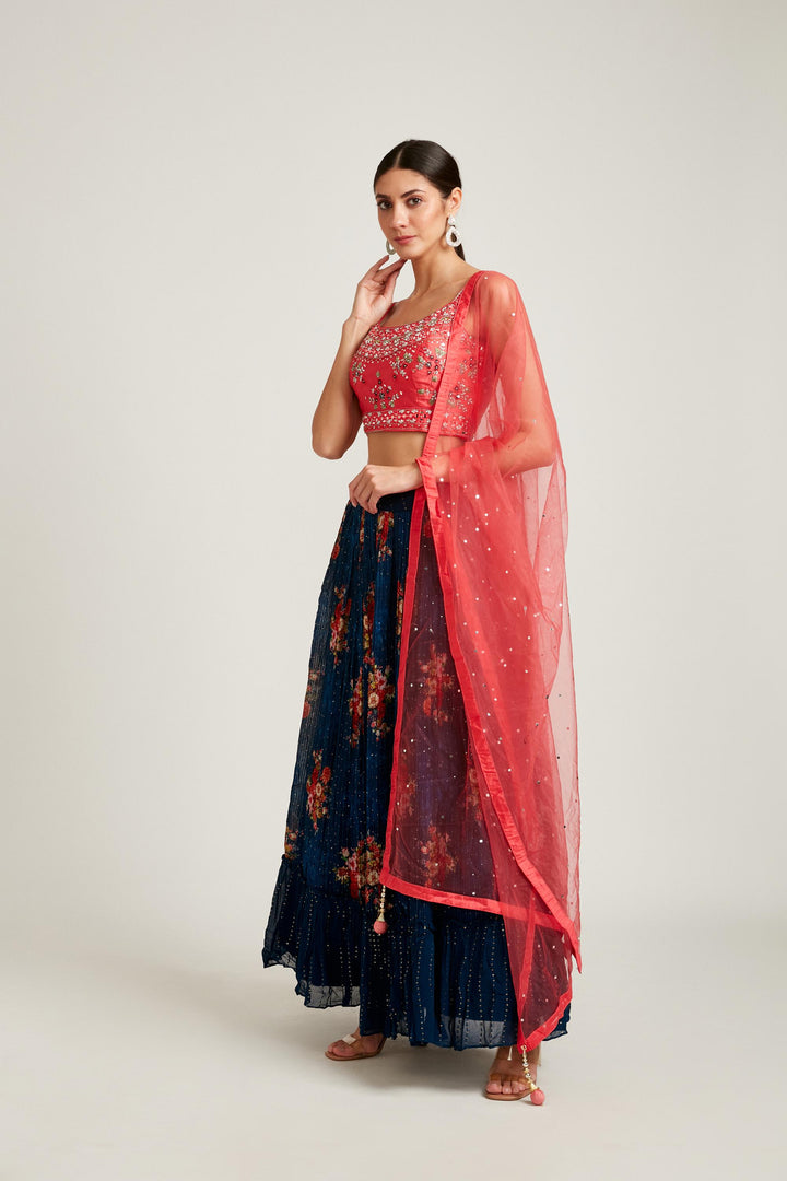 Neerus Blue Georgette Embellished Lehenga Choli Set - front view