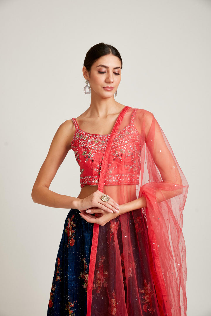 Neerus Blue Georgette Embellished Lehenga Choli Set - side view