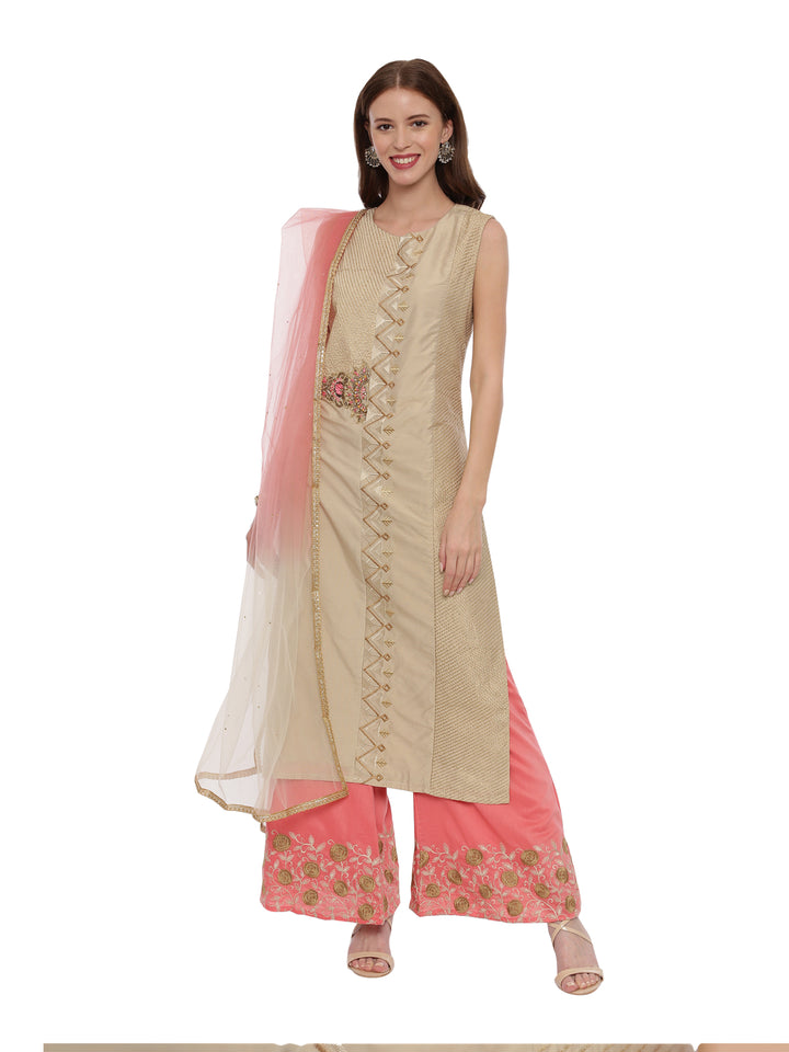 Neerus Beige Color Chanderi Fabric Suit-Plazzo