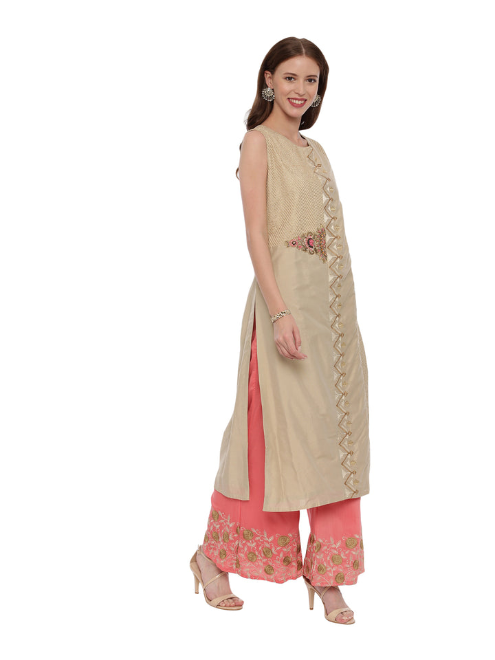 Neerus Beige Color Chanderi Fabric Suit-Plazzo