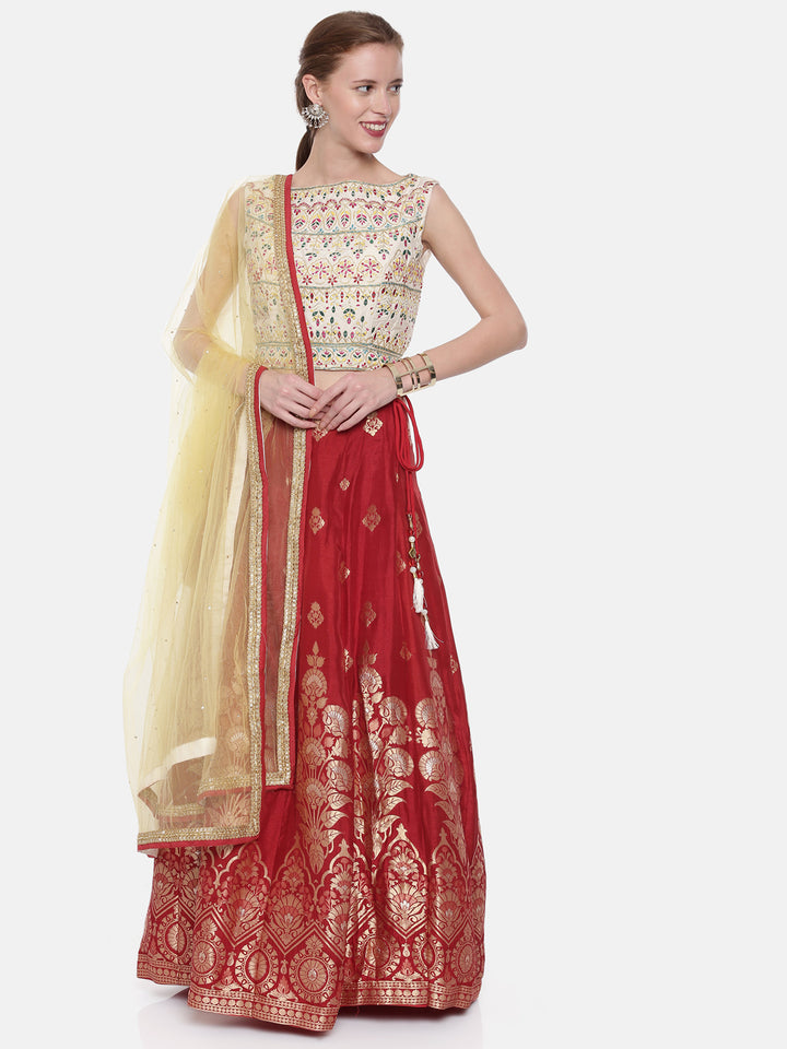 Neerus Beige & Maroon Embroidered Lehenga Set