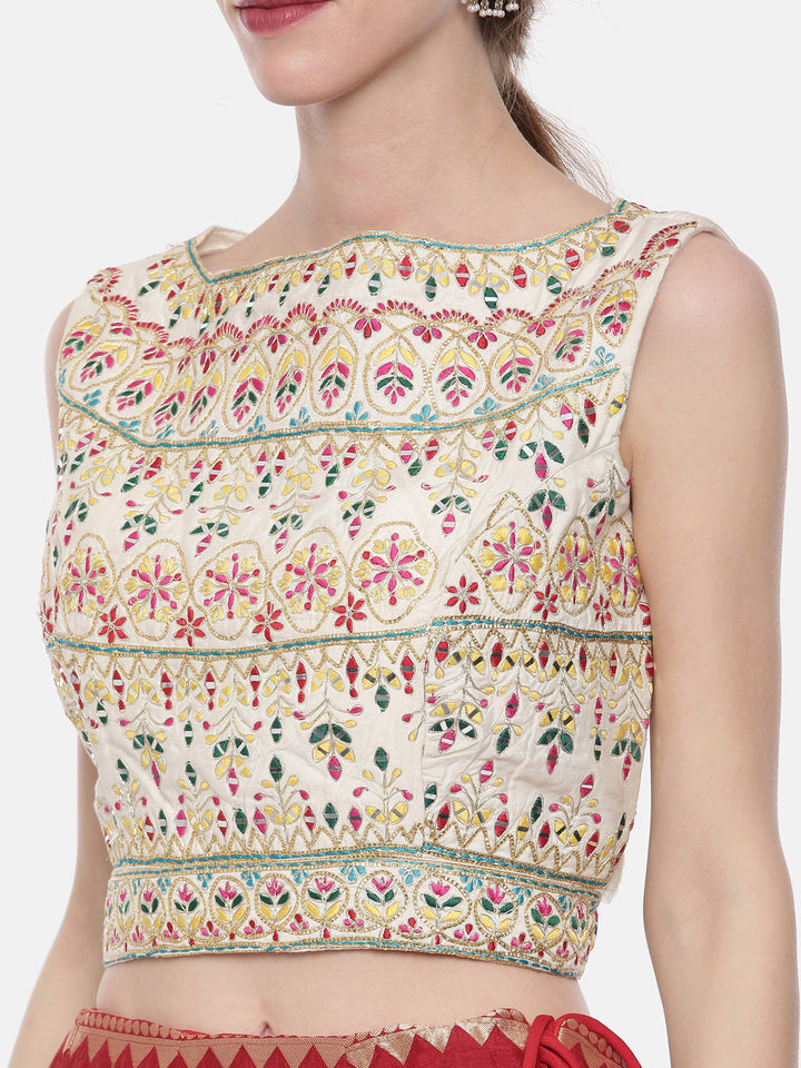 Neerus Beige & Maroon Embroidered Lehenga Set