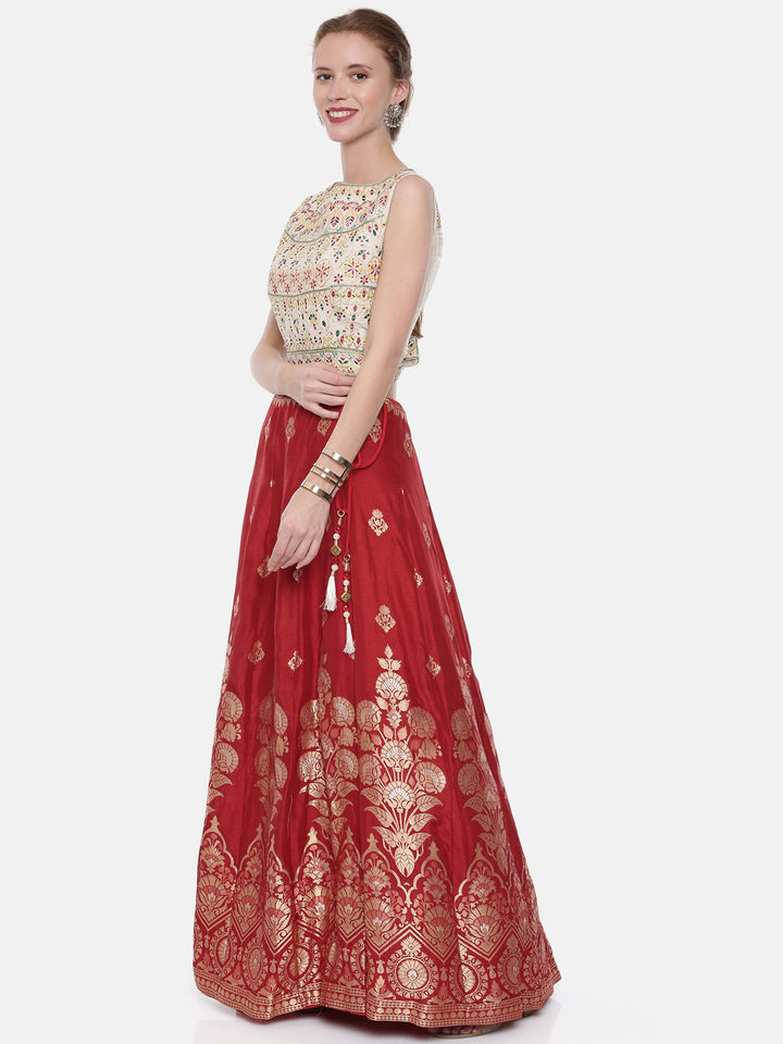 Neerus Beige & Maroon Embroidered Lehenga Set