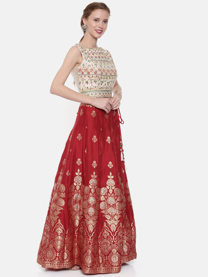 Neerus Beige & Maroon Embroidered Lehenga Set