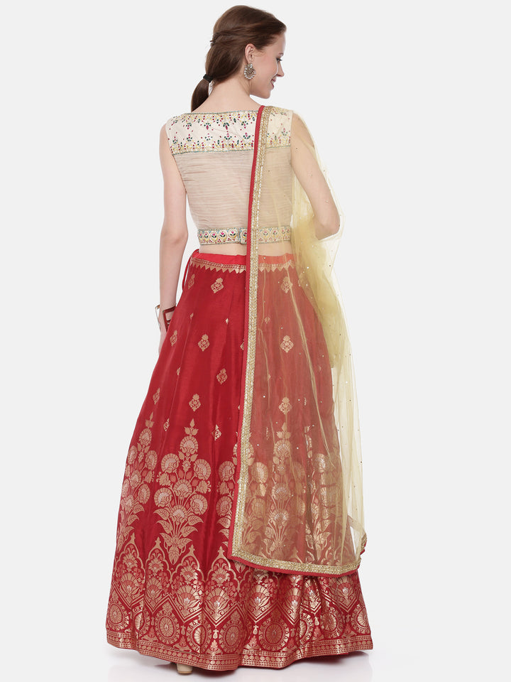 Neerus Beige & Maroon Embroidered Lehenga Set