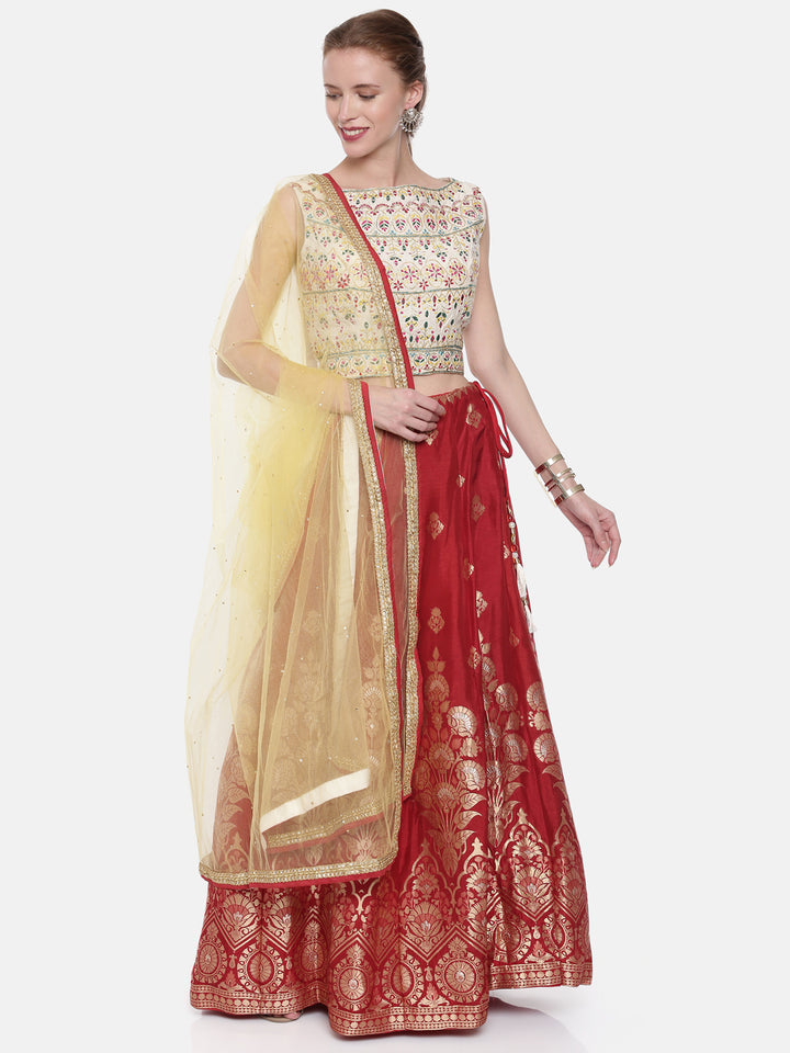Neerus Beige & Maroon Embroidered Lehenga Set