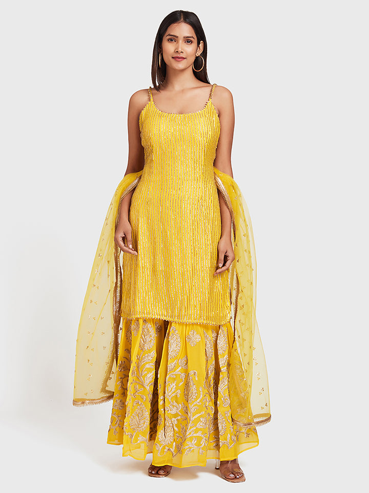 Neerus Yellow Color Georgette Fabric Suit-Gharara