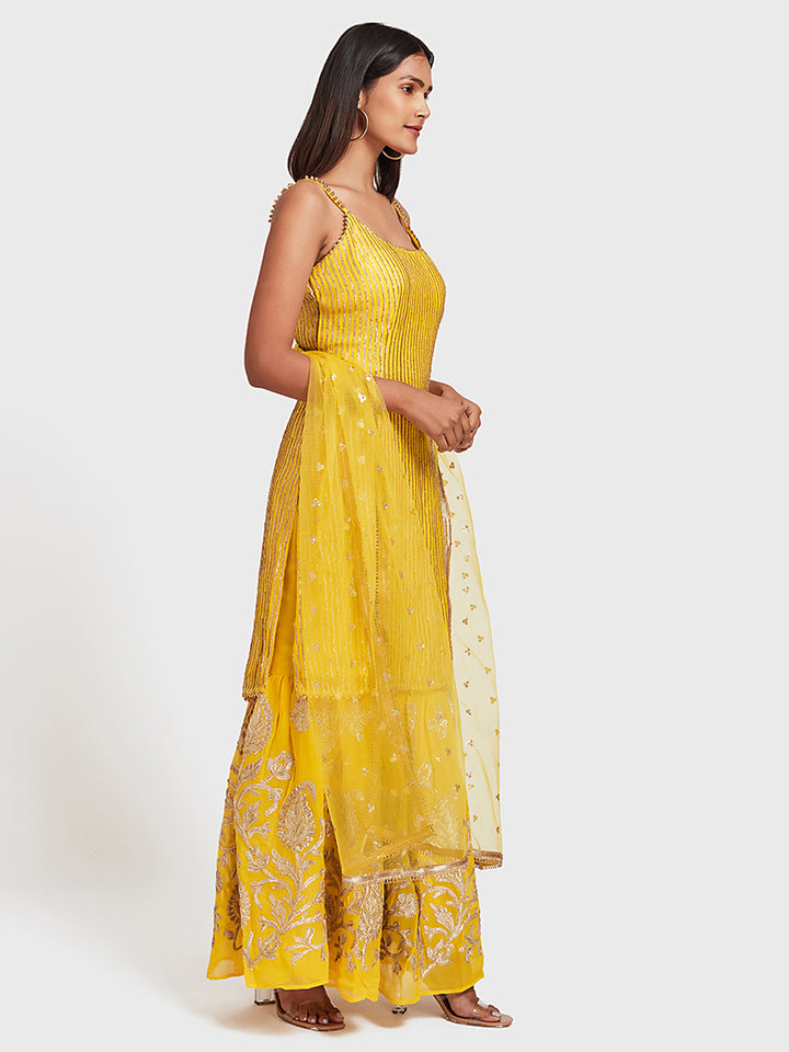 Neerus Yellow Color Georgette Fabric Suit-Gharara