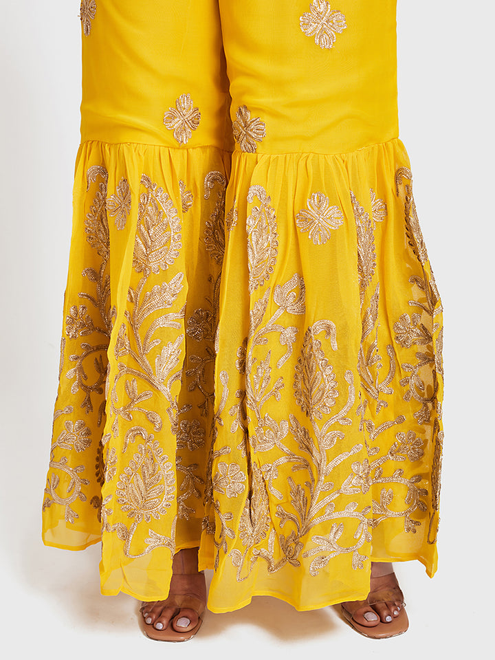 Neerus Yellow Color Georgette Fabric Suit-Gharara