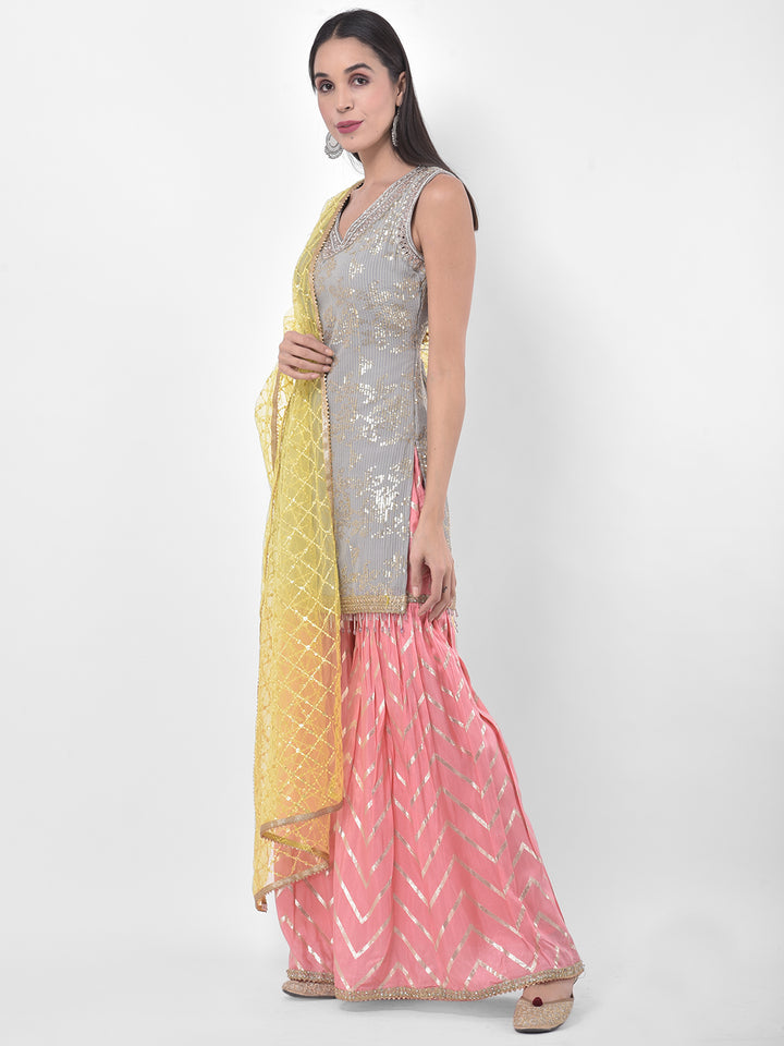 Neerus Multi embellished sharara set kurta dupatta - side view