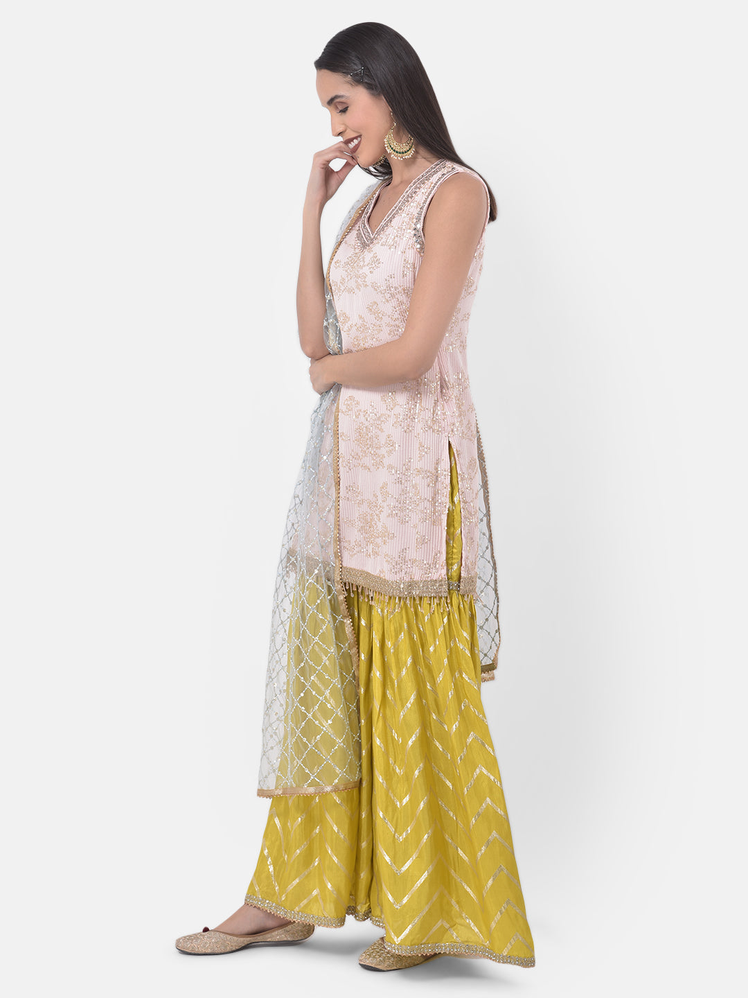 Neerus Multicolor Embellished Kurta With Sharara & Dupatta