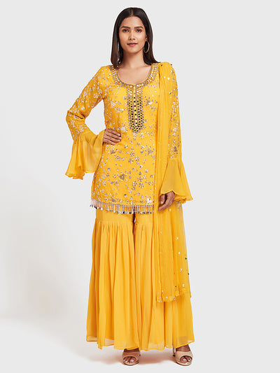 Neerus Yellow Color Georgette Fabric Suit-Gharara