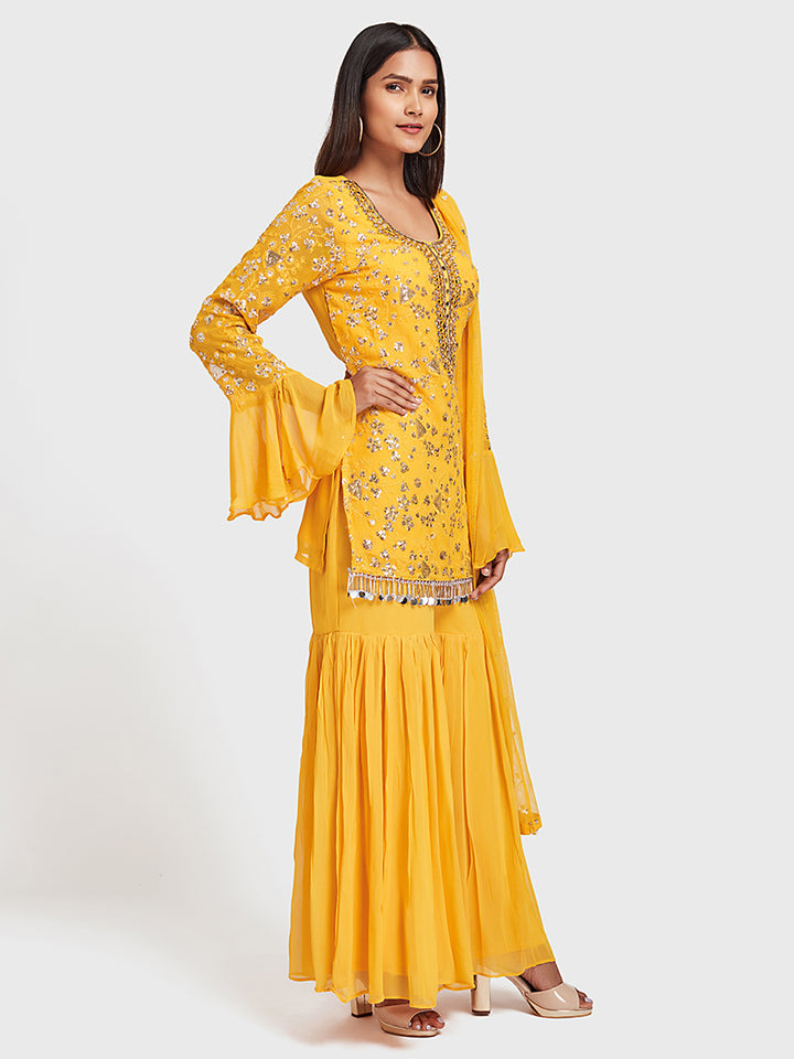 Neerus Yellow Color Georgette Fabric Suit-Gharara