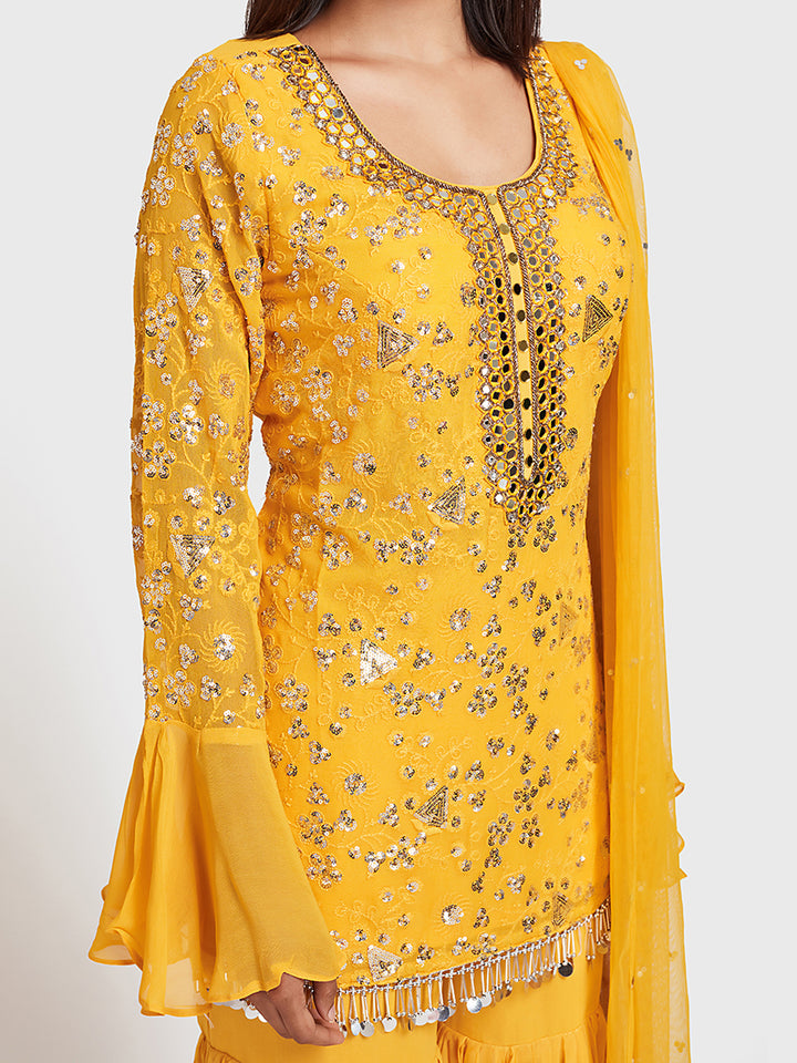 Neerus Yellow Color Georgette Fabric Suit-Gharara