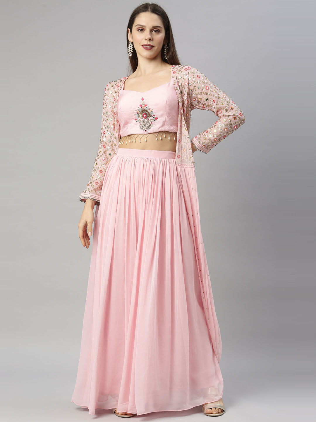 Neerus Pink georgette embroidered suit set - front view