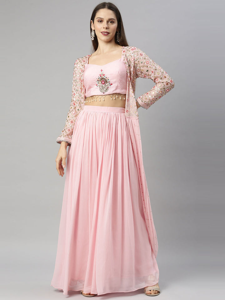 Neerus Pink georgette embroidered suit set - front view