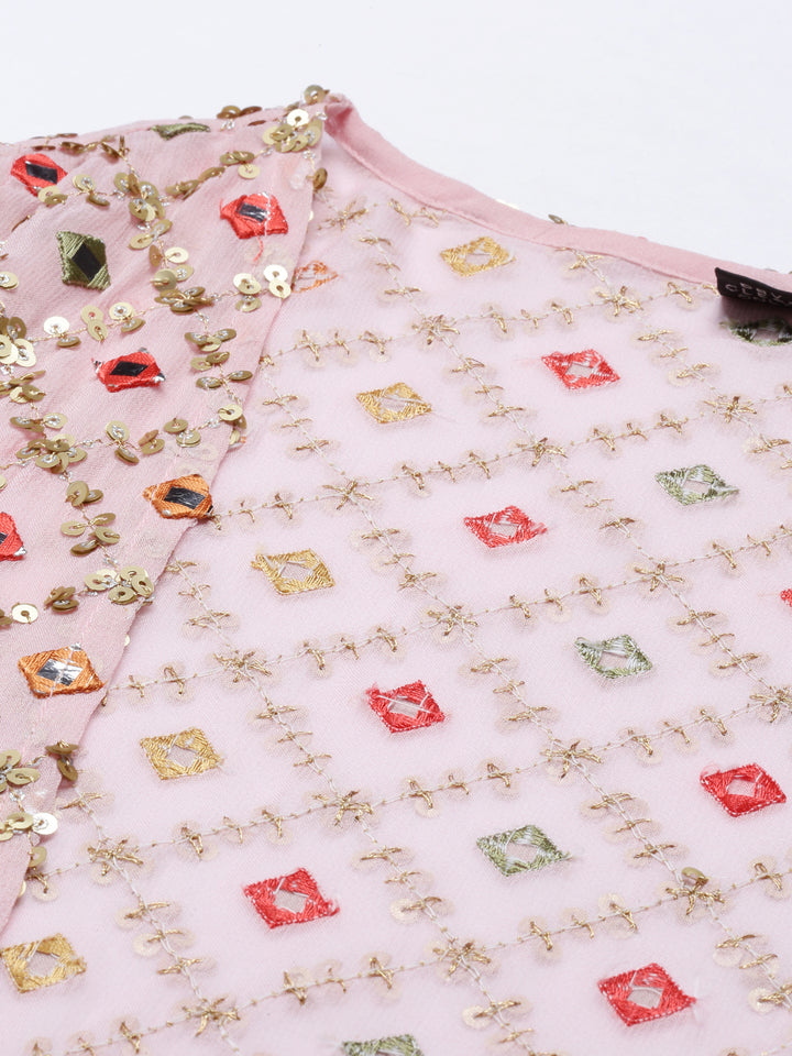 Neerus Pink georgette embroidered suit set - back view