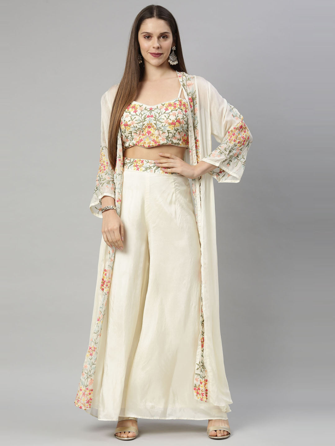 Neerus Beige crepe solid co-ord set - front view