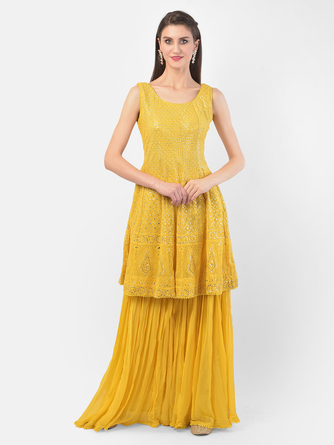 Neeru'S Yellow Color Georgette Fabric Suit-Gharara