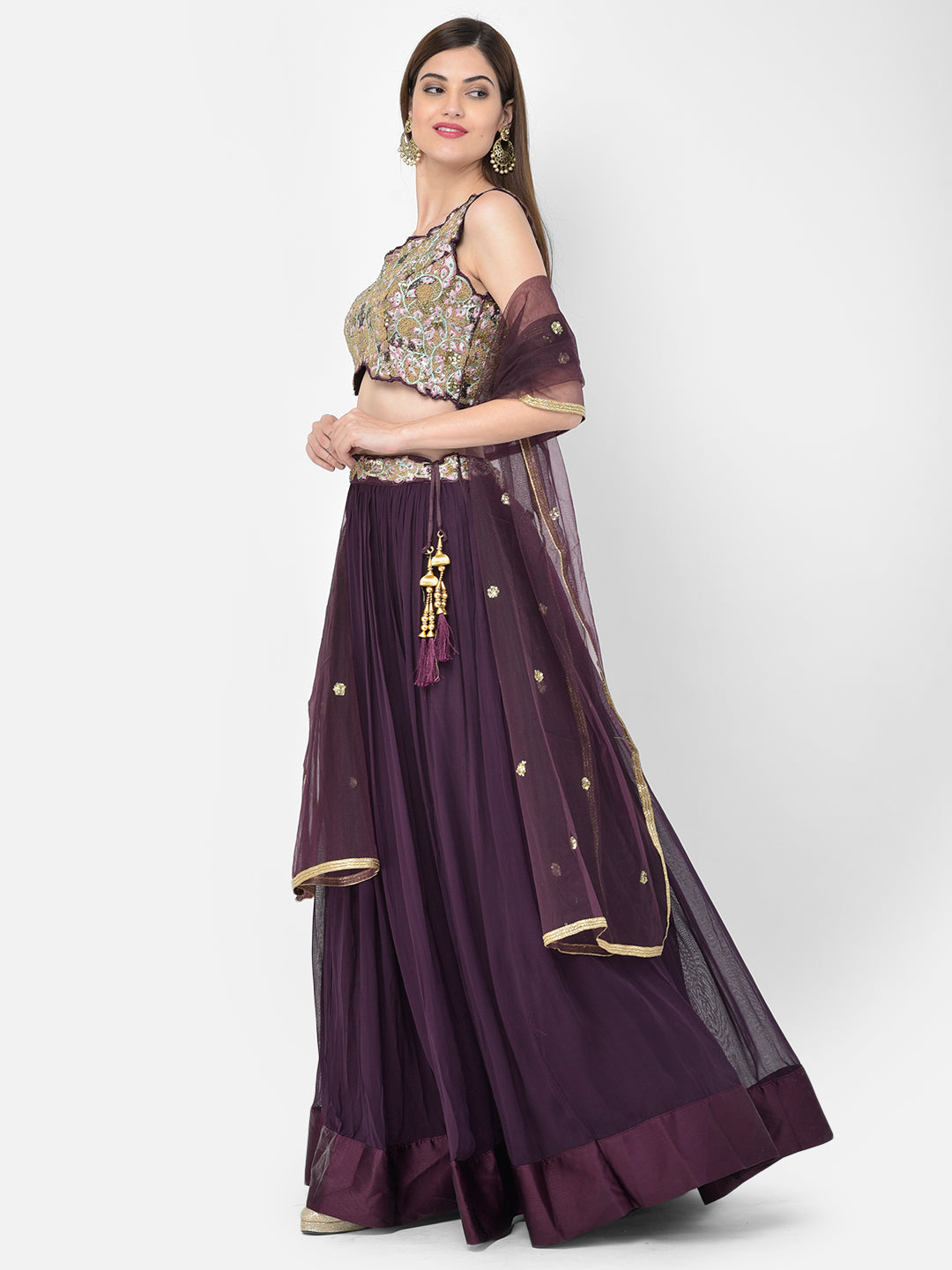 Neerus Maroon georgette embellished lehenga set - front view