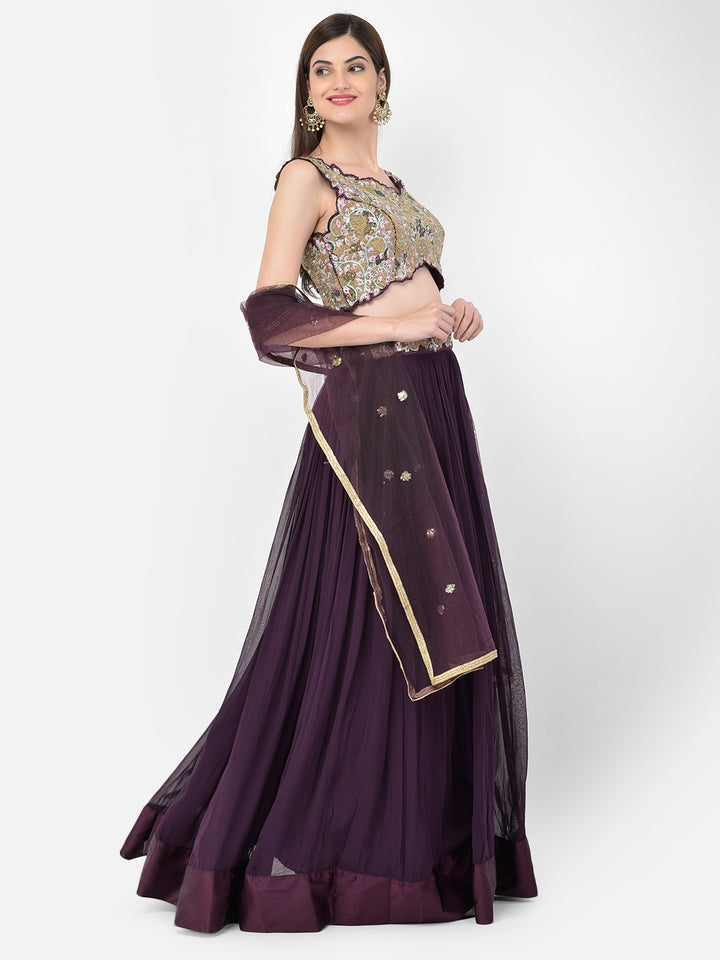 Neerus Maroon georgette embellished lehenga set - back view