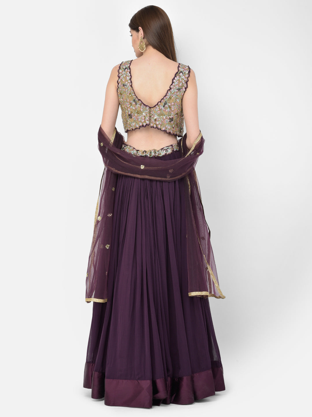 Neerus Maroon georgette embellished lehenga set - side view