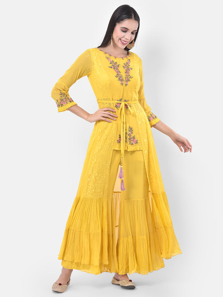 Neerus Yellow Embroidered Top & Sharara Set With Jacket